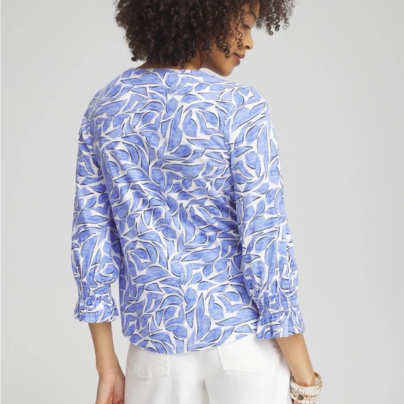 Chico's Blue Leaf-Print Ruffle-Cuff Blouse Cotton Modal size 1/Med - Picture 2 of 10